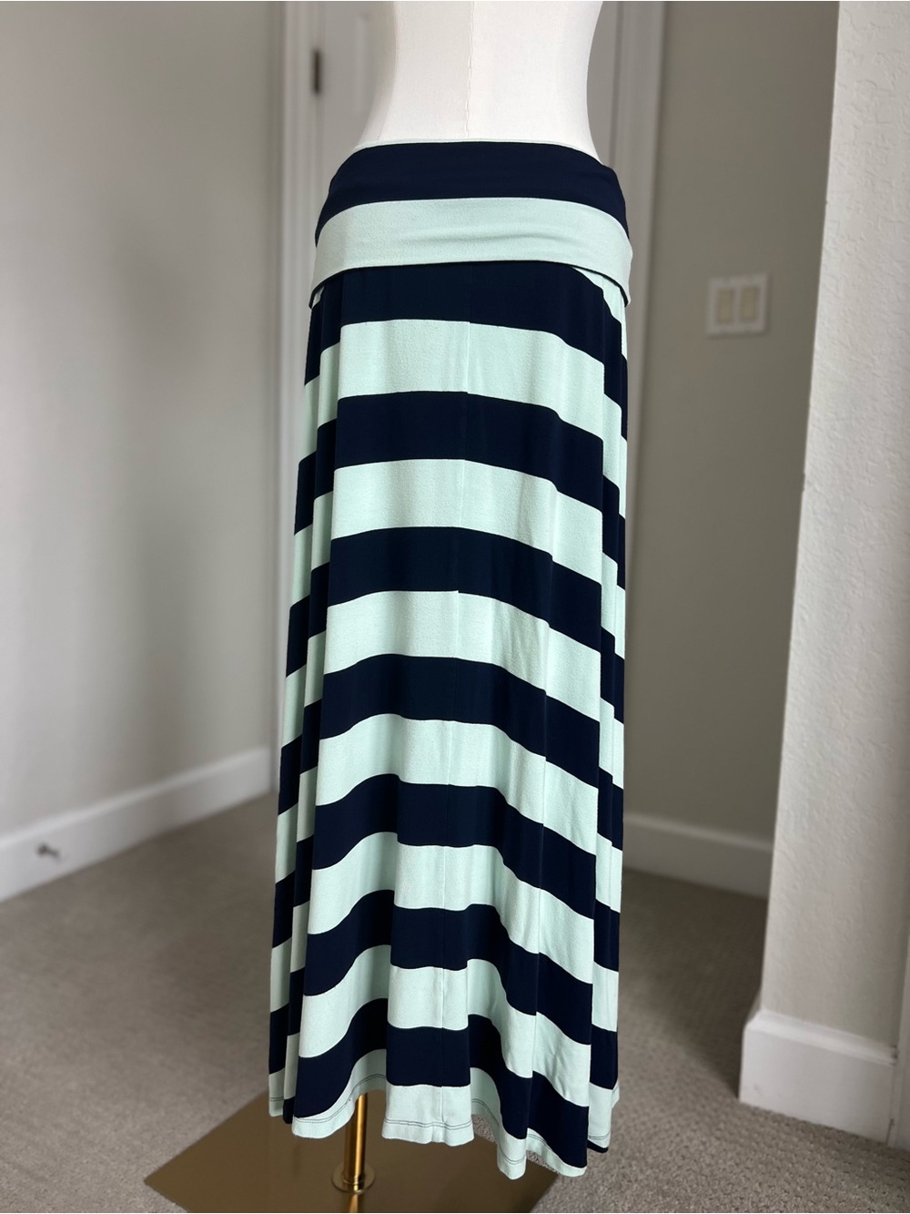 Gap Womens L Maxi Skirt Navy Mint Blue Striped Long A Line Stretch Y2K Fold Over